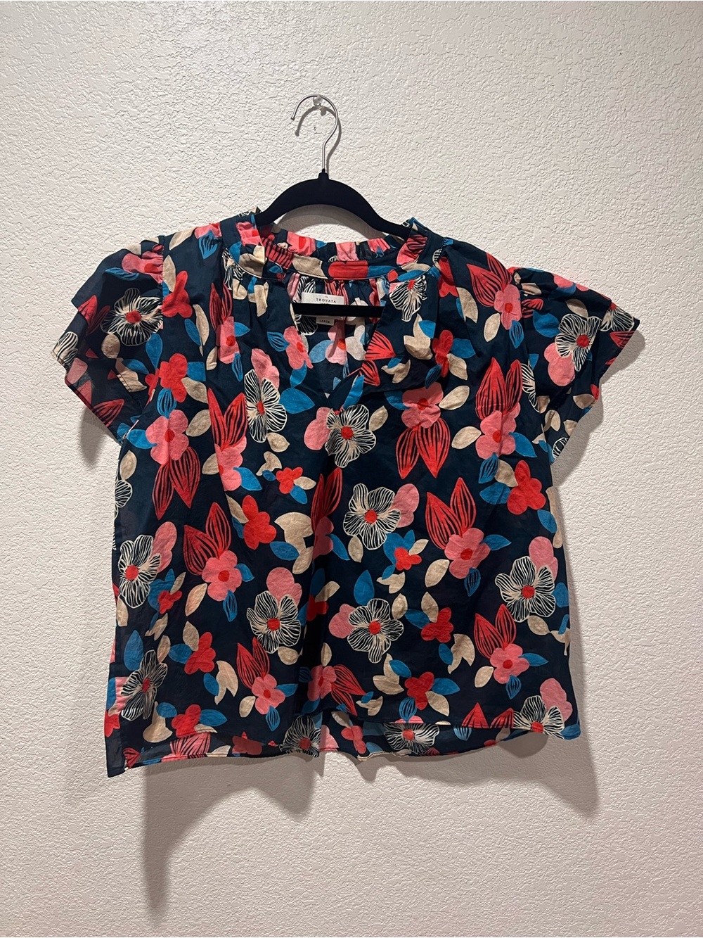 Navy Floral Short Sleeve Blouse Large - Picture 2 of 3